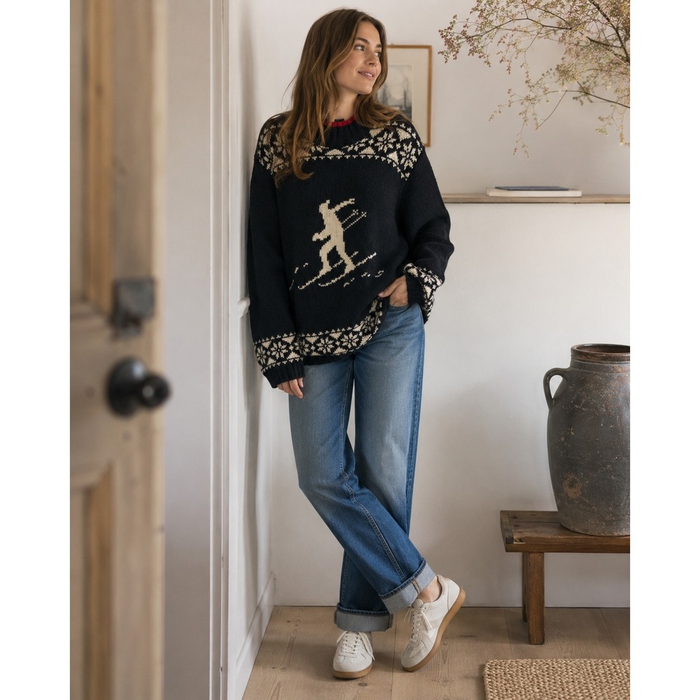 Vintage Lauren Ralph Lauren Hand Knit Ski Fair Isle Sweater L Black Linen Cotton